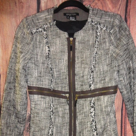 ETCETERA Jacket Black White Fringe Shimmer Gold Shimmer Zip Front Size 2